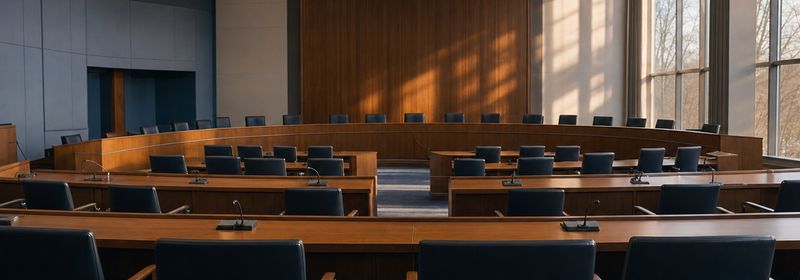 Sala de comisión legislativa vacía, con escritorios en gradas y micrófonos