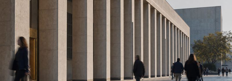 Ciudadanos cruzando la explanada de un edificio público chileno al atardecer