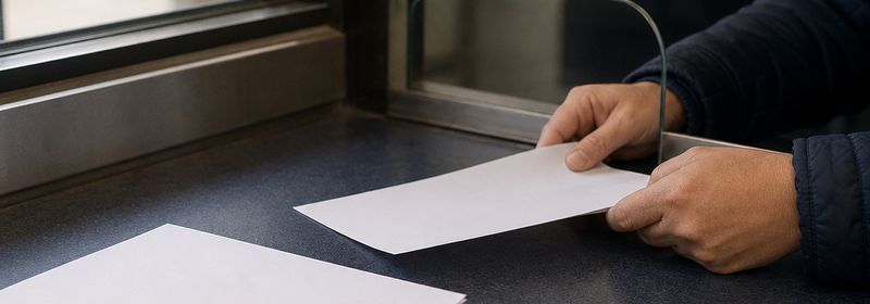 Mesón de atención de una oficina pública con formularios en blanco