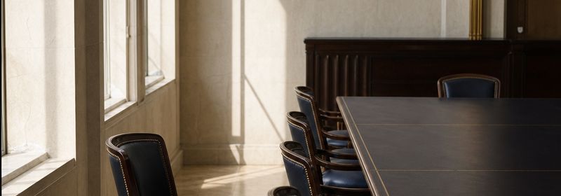 Sala de reuniones formal vacía con una silla apartada de la mesa