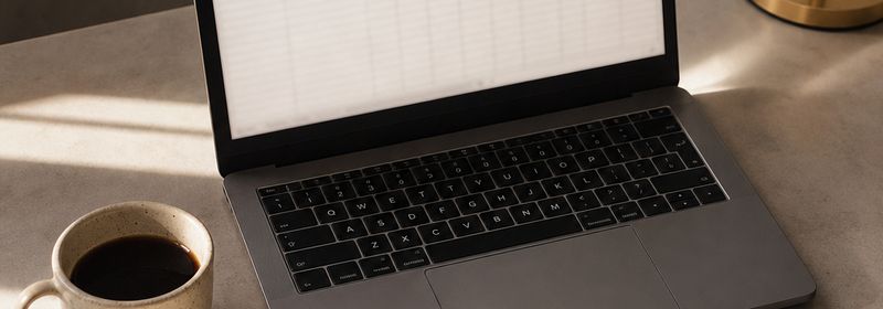 Escritorio con un computador portátil abierto sobre una planilla de cálculo