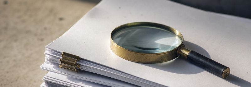 Lupa apoyada sobre una pila de informes impresos